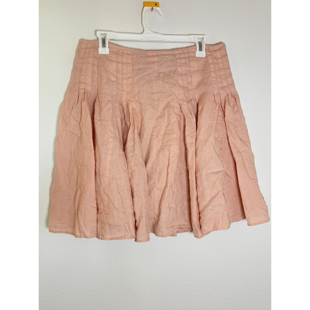 Pink Linen Blend Pleated Mini Skirt Pastel A-Line Flared Skirt Size Large